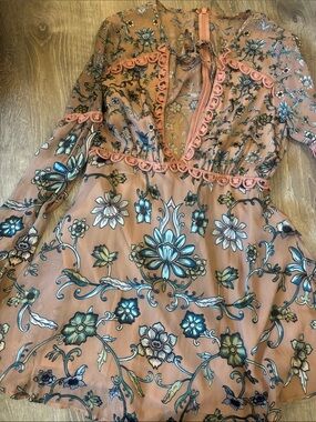 For Love & Lemons Peach Floral Sheer Dress with Blue-Green Accents